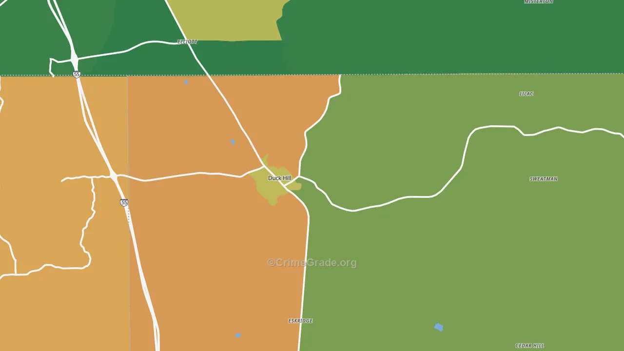 Duck Hill, MS Map of Robbery Rates