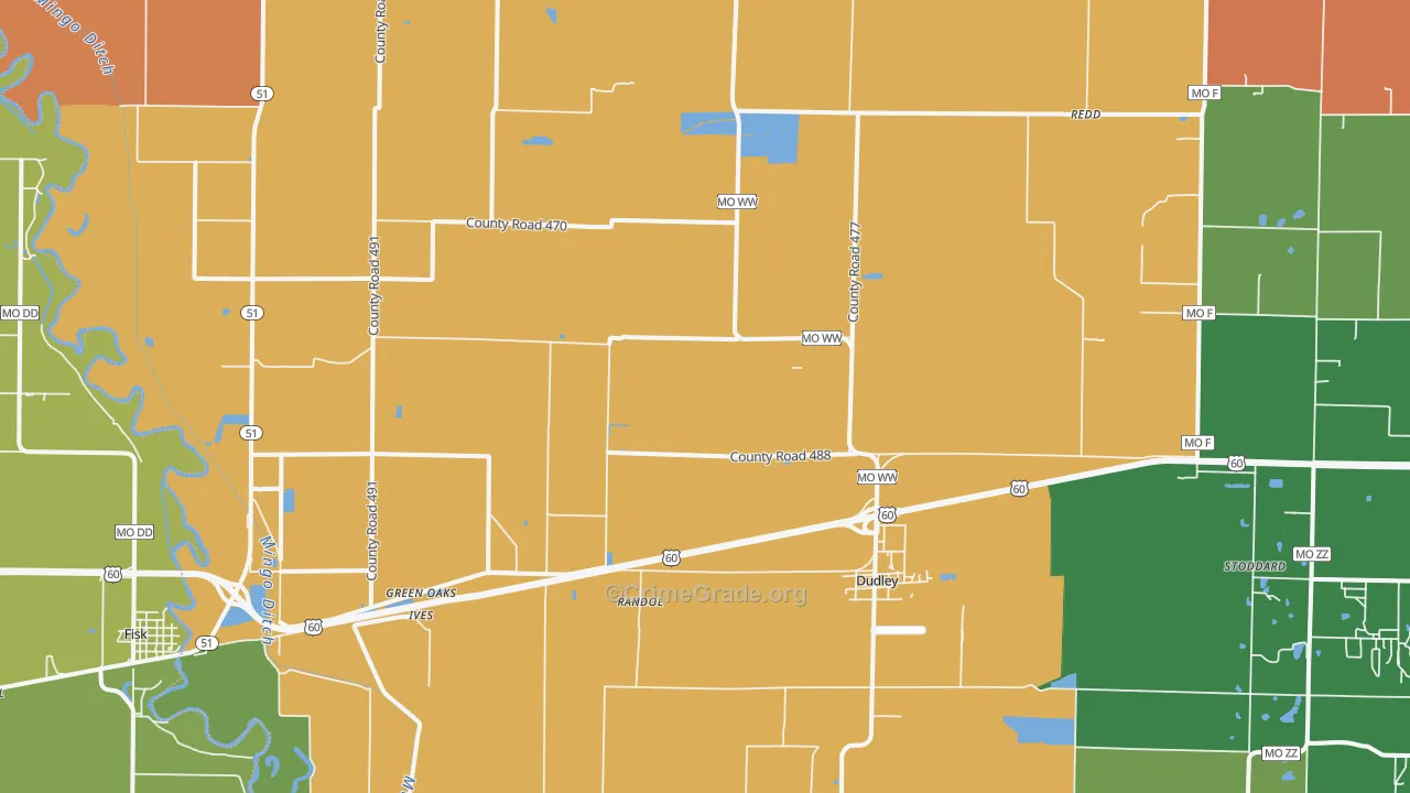 Dudley, MO Map of Robbery Rates