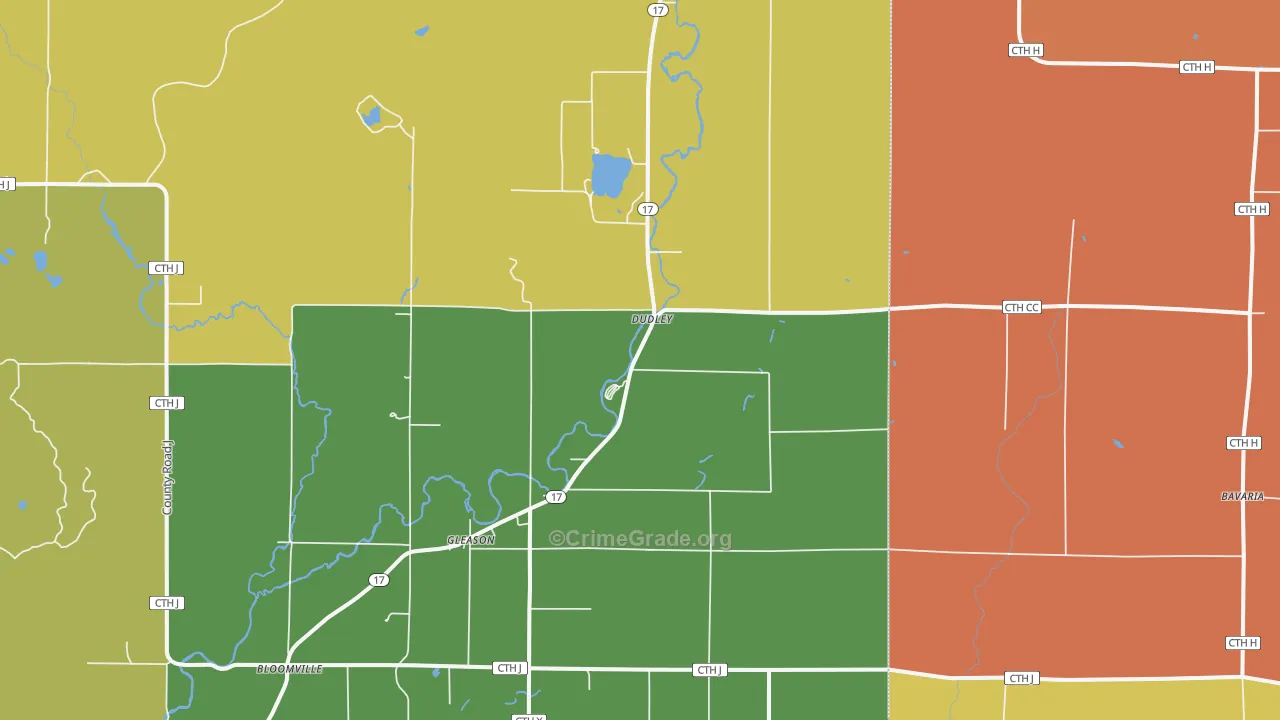 Dudley, WI Map of Robbery Rates