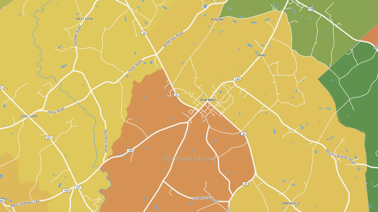 Due West, SC Map of Robbery Rates
