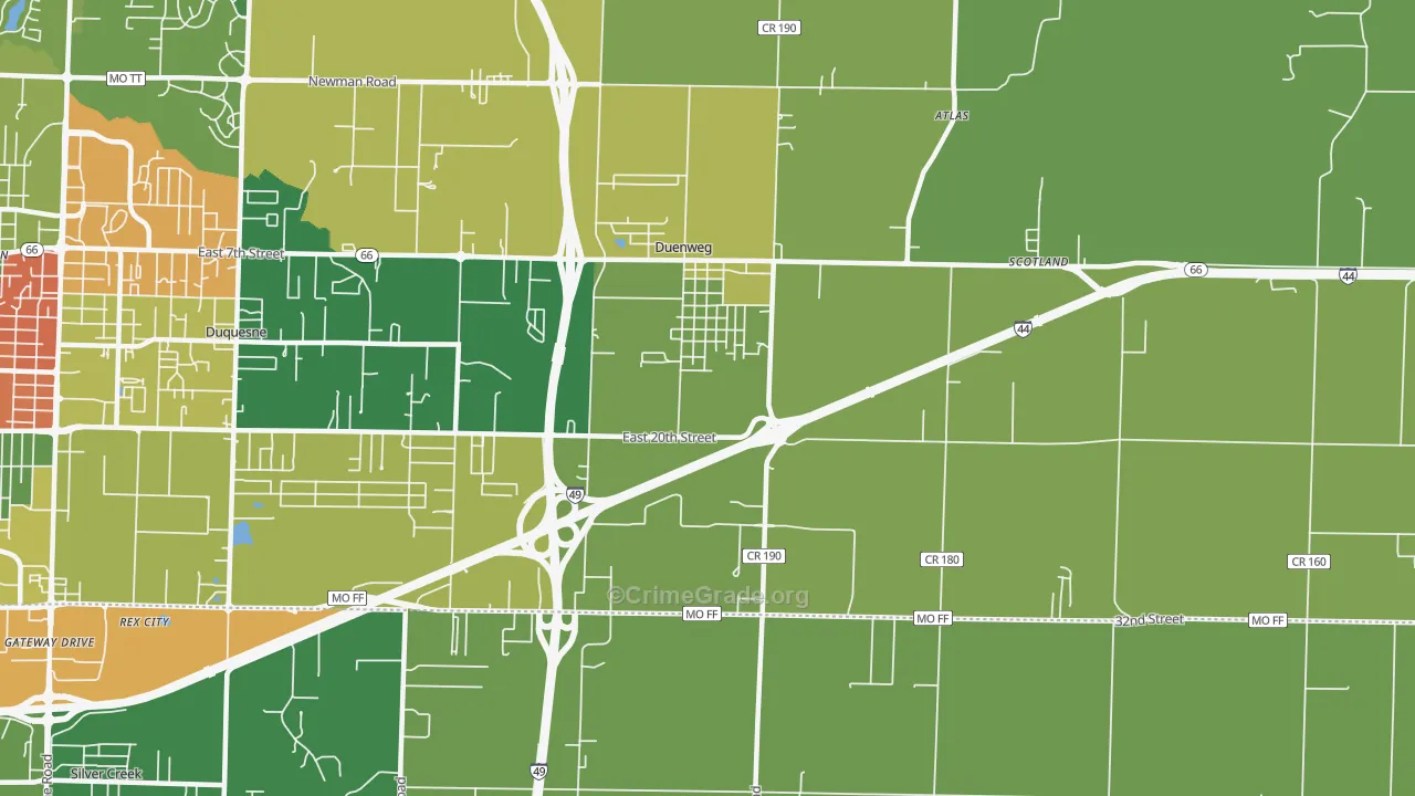 Duenweg, MO Map of Robbery Rates