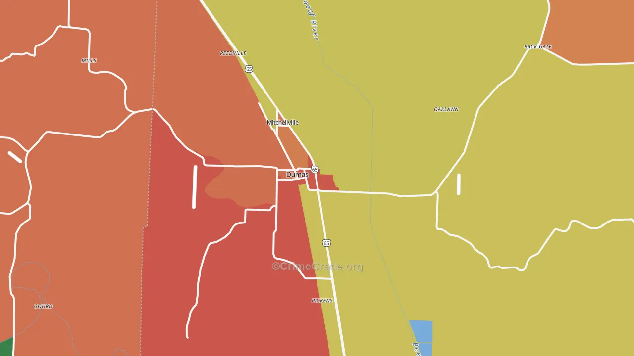 Dumas, AR Map of Robbery Rates