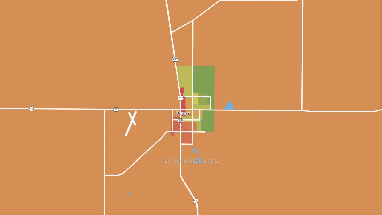 Dumas, TX Map of Robbery Rates