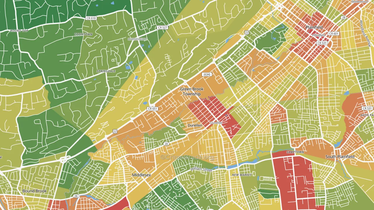 Dunellen, NJ Map of Robbery Rates