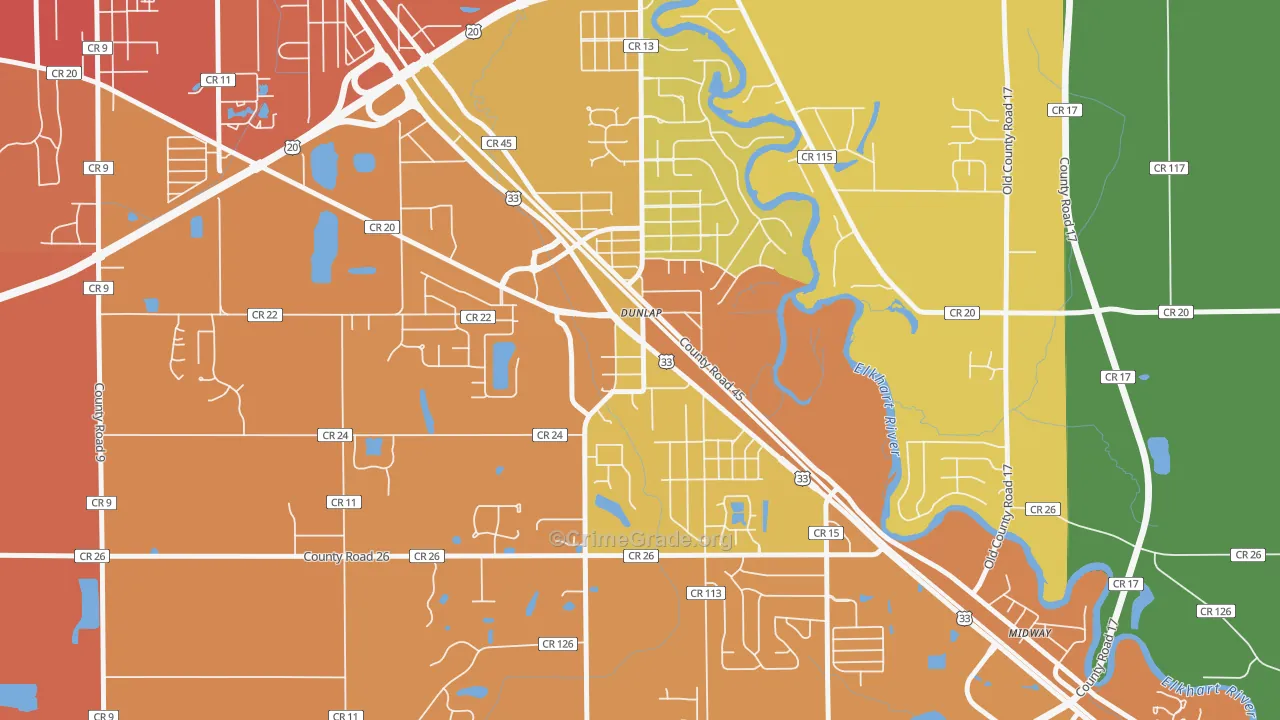 Dunlap, IN Map of Robbery Rates