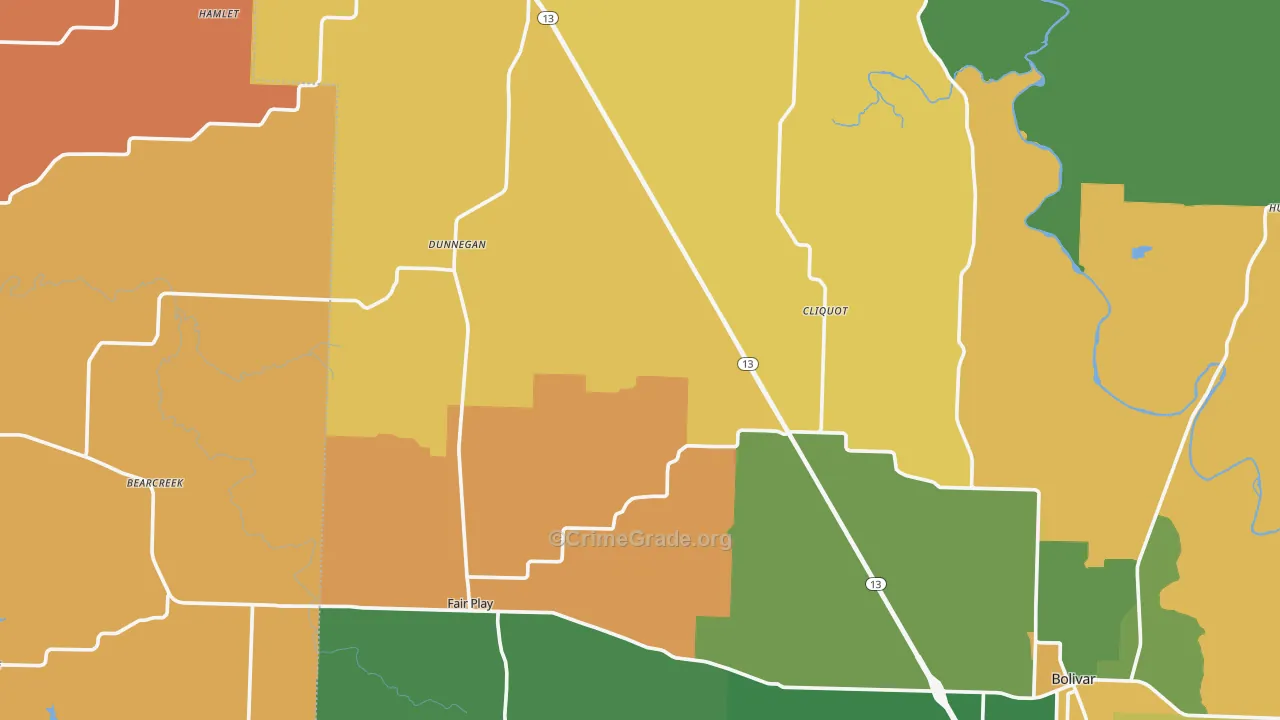 Dunnegan, MO Map of Robbery Rates