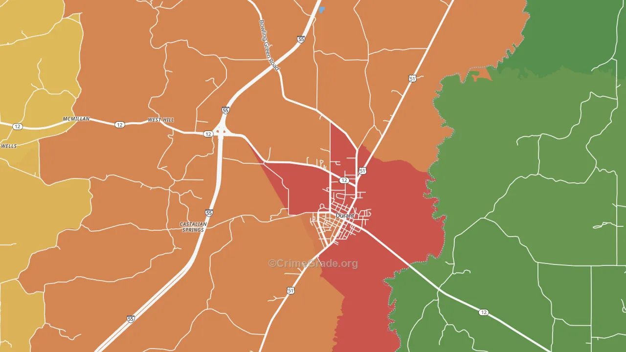 Durant, MS Map of Robbery Rates