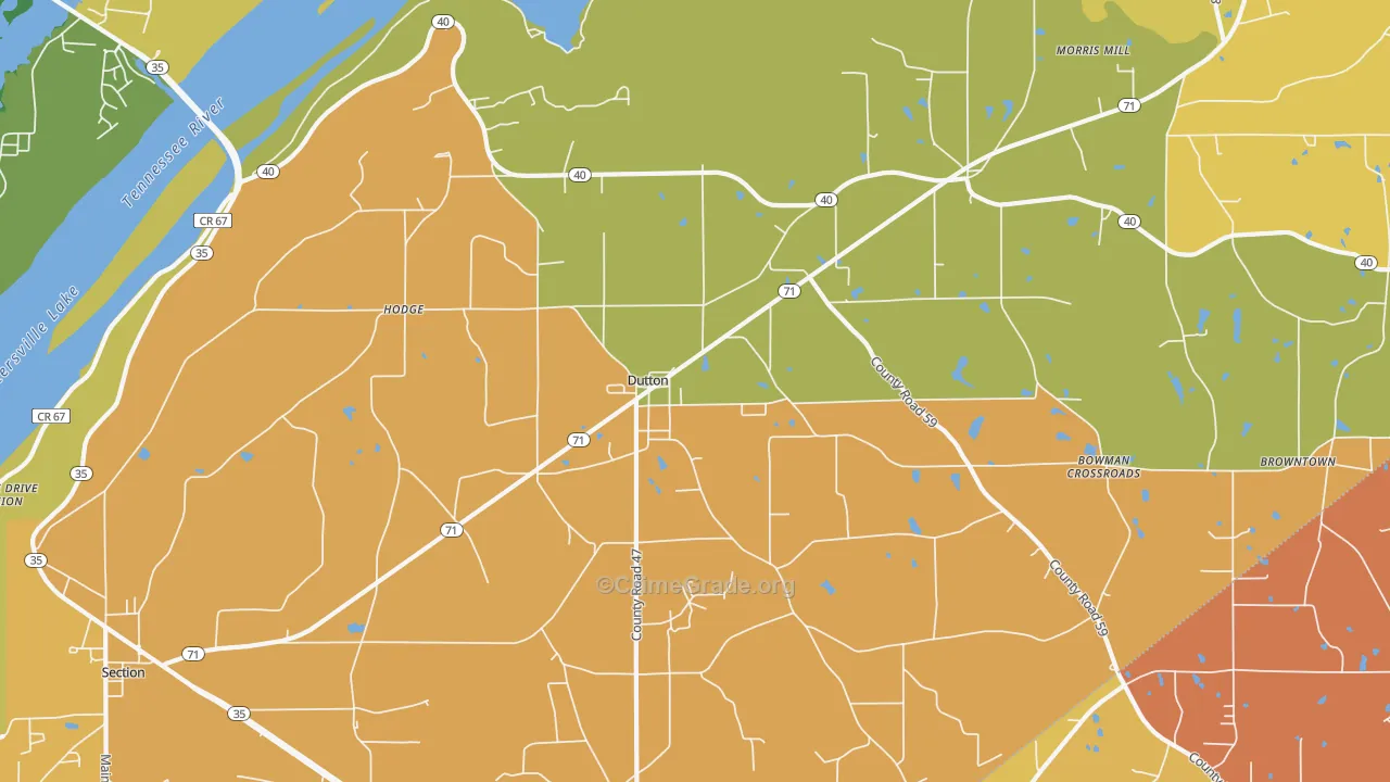 Dutton, AL Map of Robbery Rates