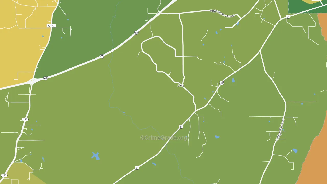 Dyas, AL Map of Robbery Rates