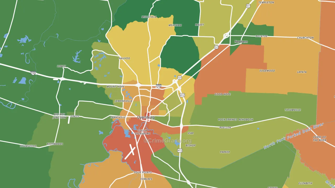 Dyer County, TN Map of Robbery Rates