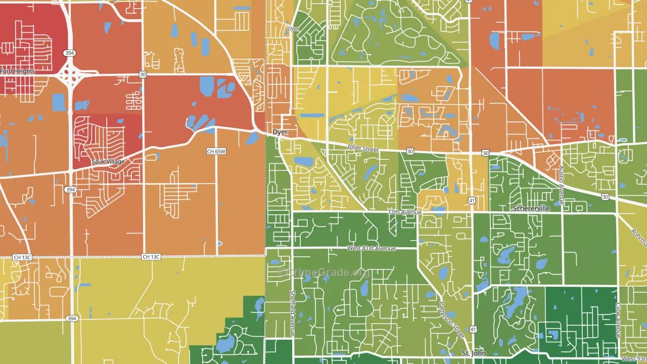 Dyer, IN Map of Robbery Rates