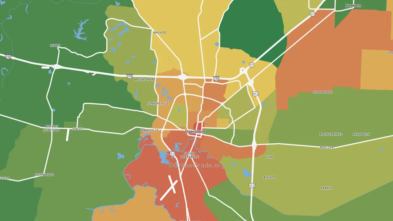 Dyersburg, TN Map of Robbery Rates