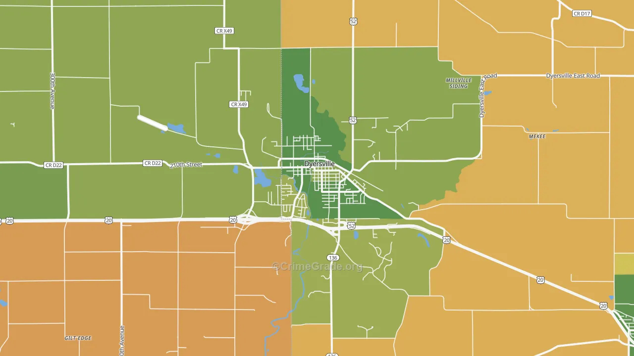 Dyersville, IA Map of Robbery Rates