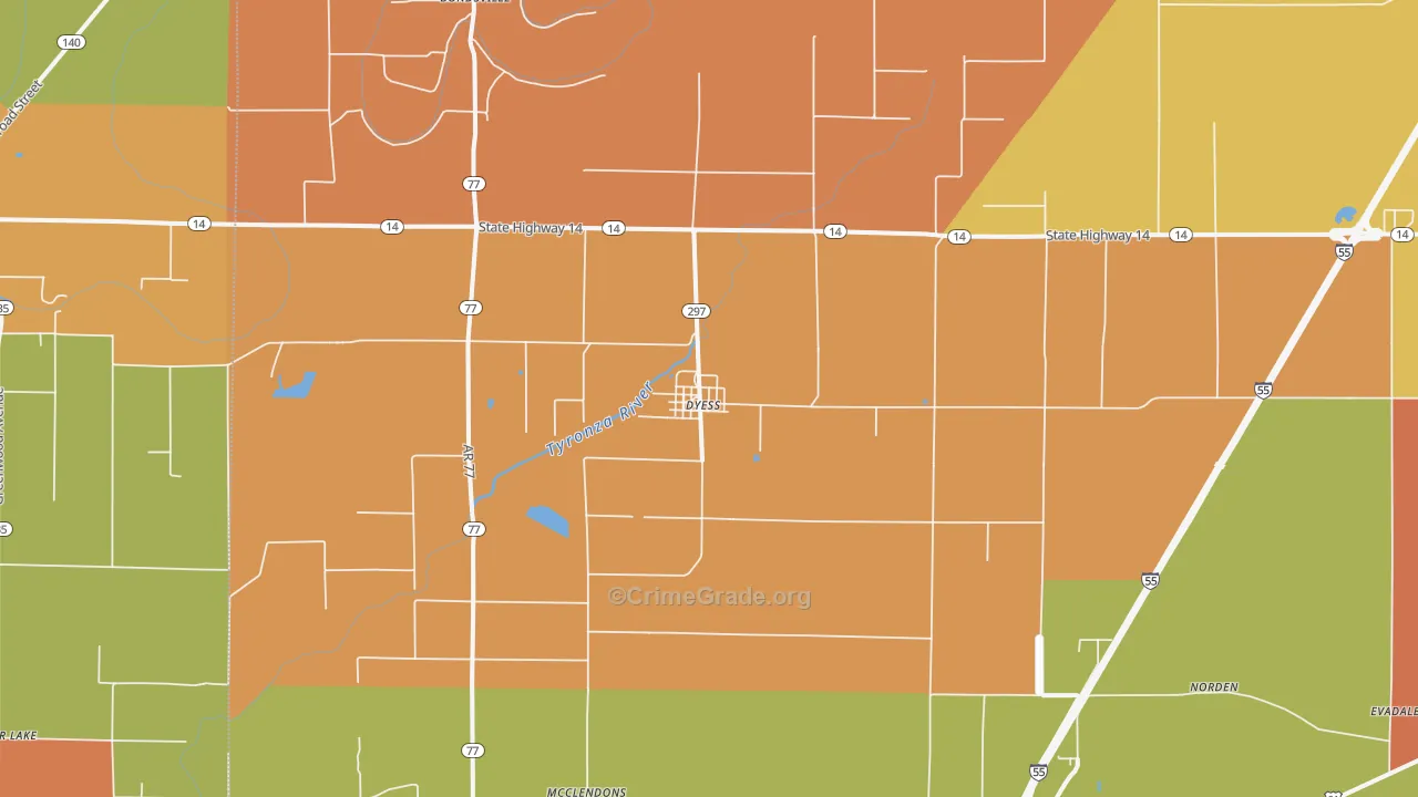 Dyess, AR Map of Robbery Rates