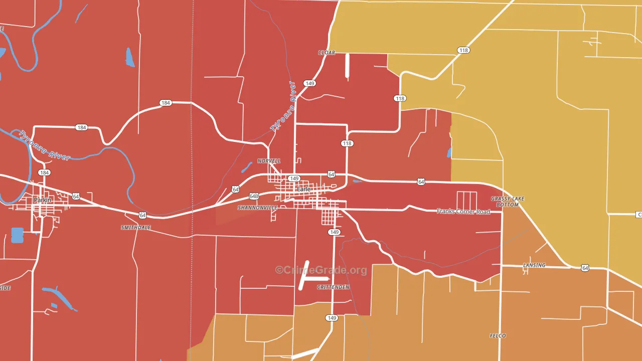 Earle, AR Map of Robbery Rates
