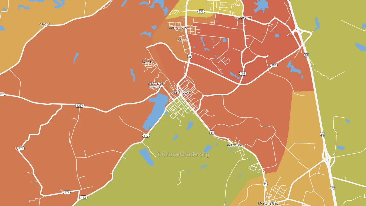 Earlington, KY Map of Robbery Rates