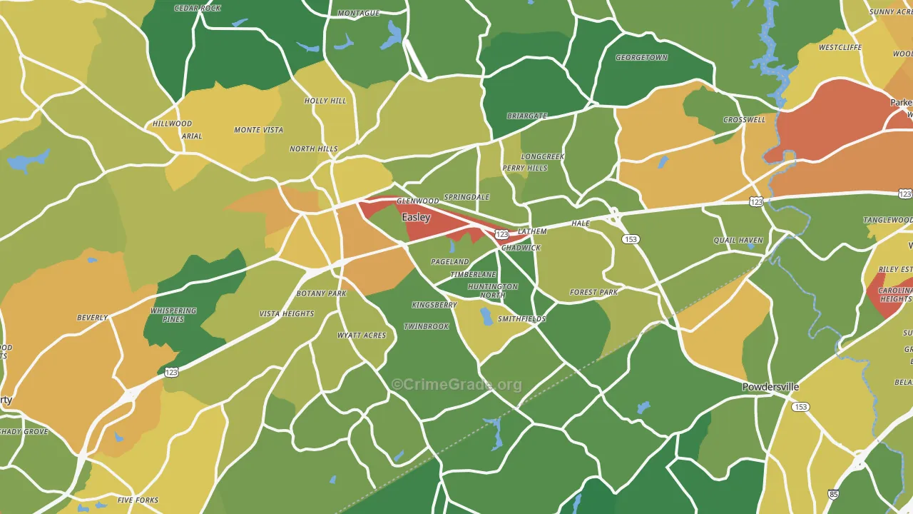 Easley, SC Map of Robbery Rates