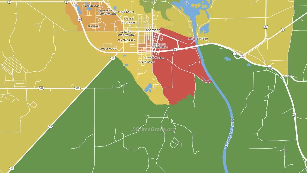 East Aberdeen, MS Map of Robbery Rates