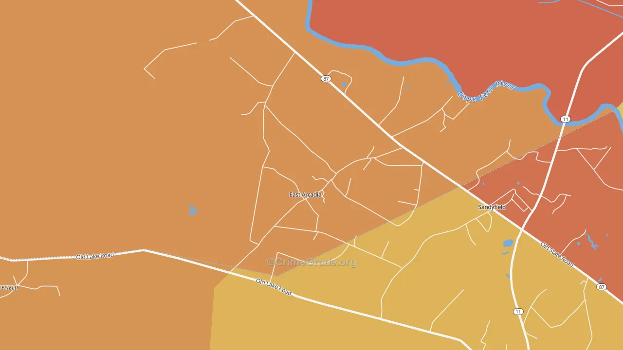 East Arcadia, NC Map of Robbery Rates