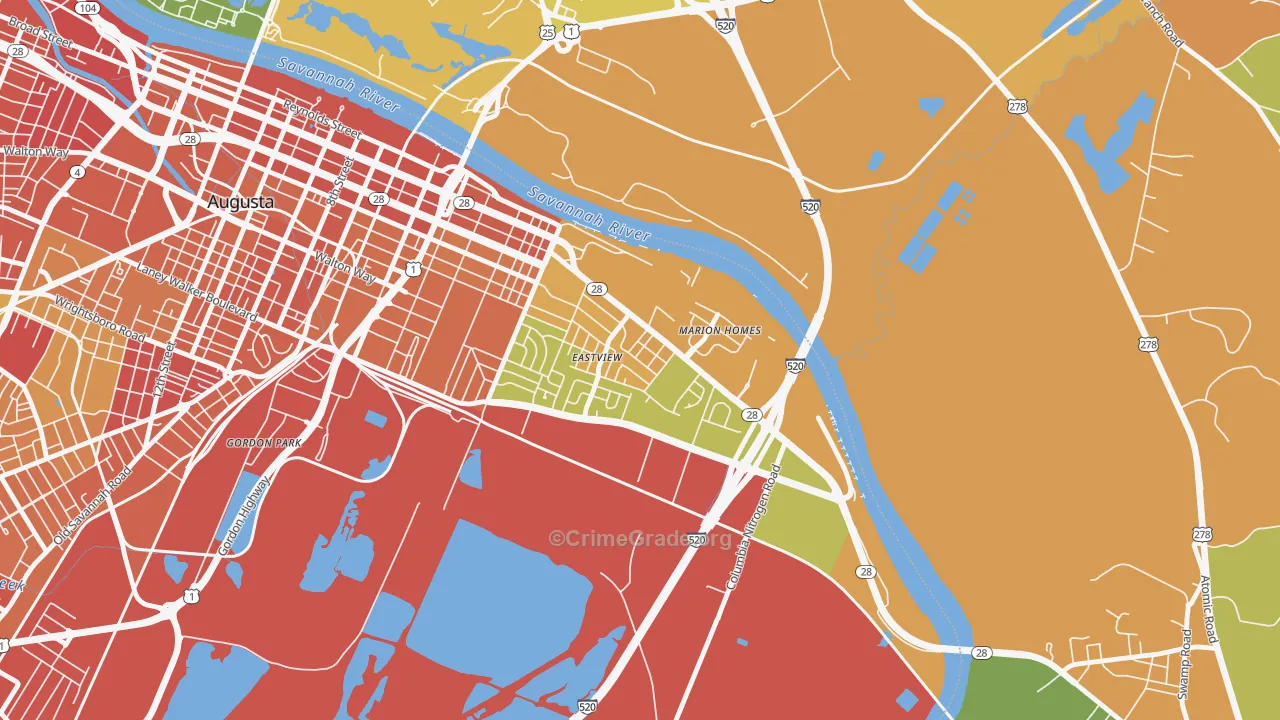 East Augusta, Augusta, GA Map of Robbery Rates