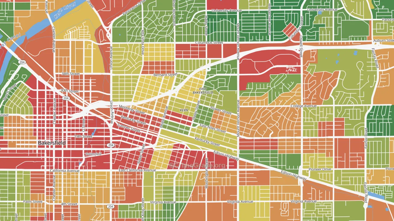 East Bakersfield, Bakersfield, CA Map of Robbery Rates