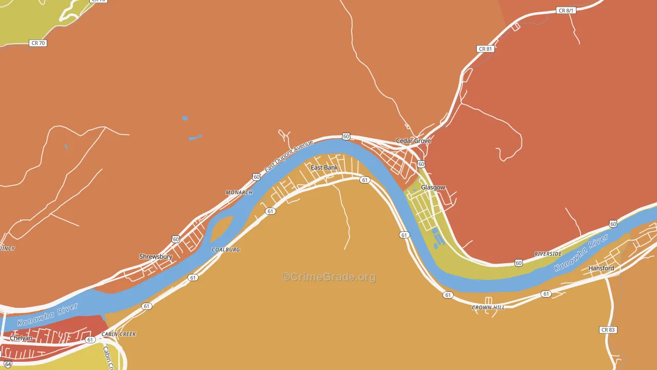 East Bank, WV Map of Robbery Rates