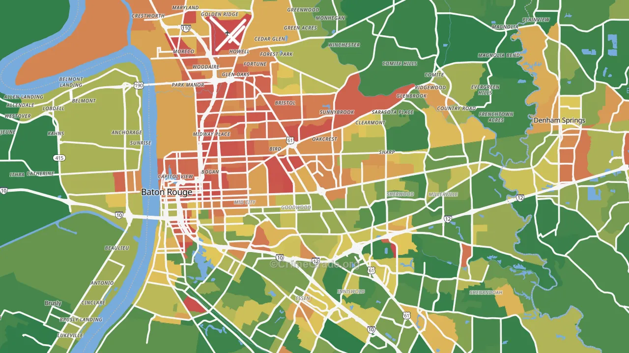 East Baton Rouge Parish, LA Map of Robbery Rates