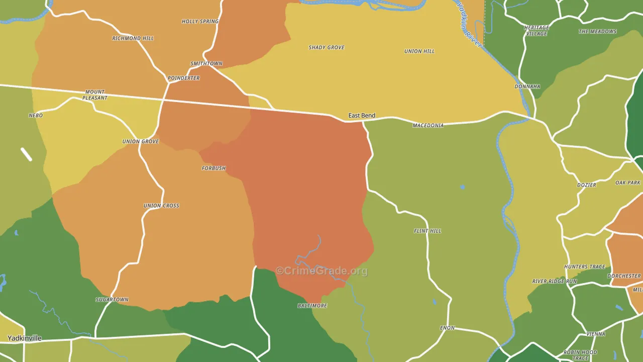 East Bend, NC Map of Robbery Rates