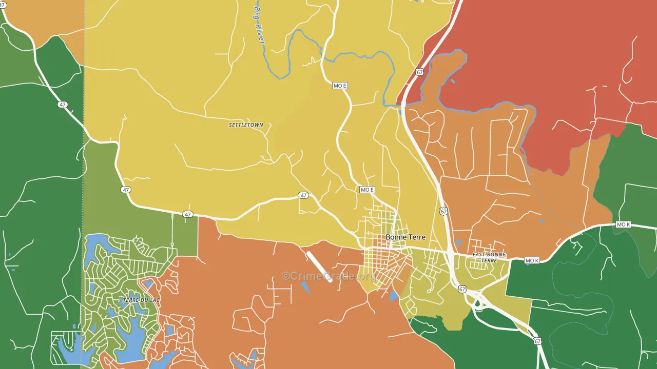 East Bonne Terre, MO Map of Robbery Rates