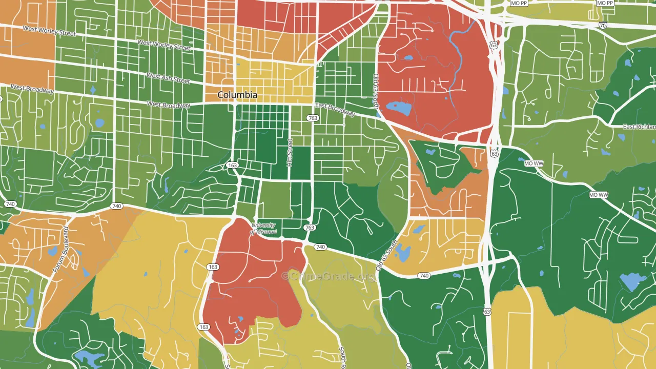 East Campus, Columbia, MO Map of Robbery Rates