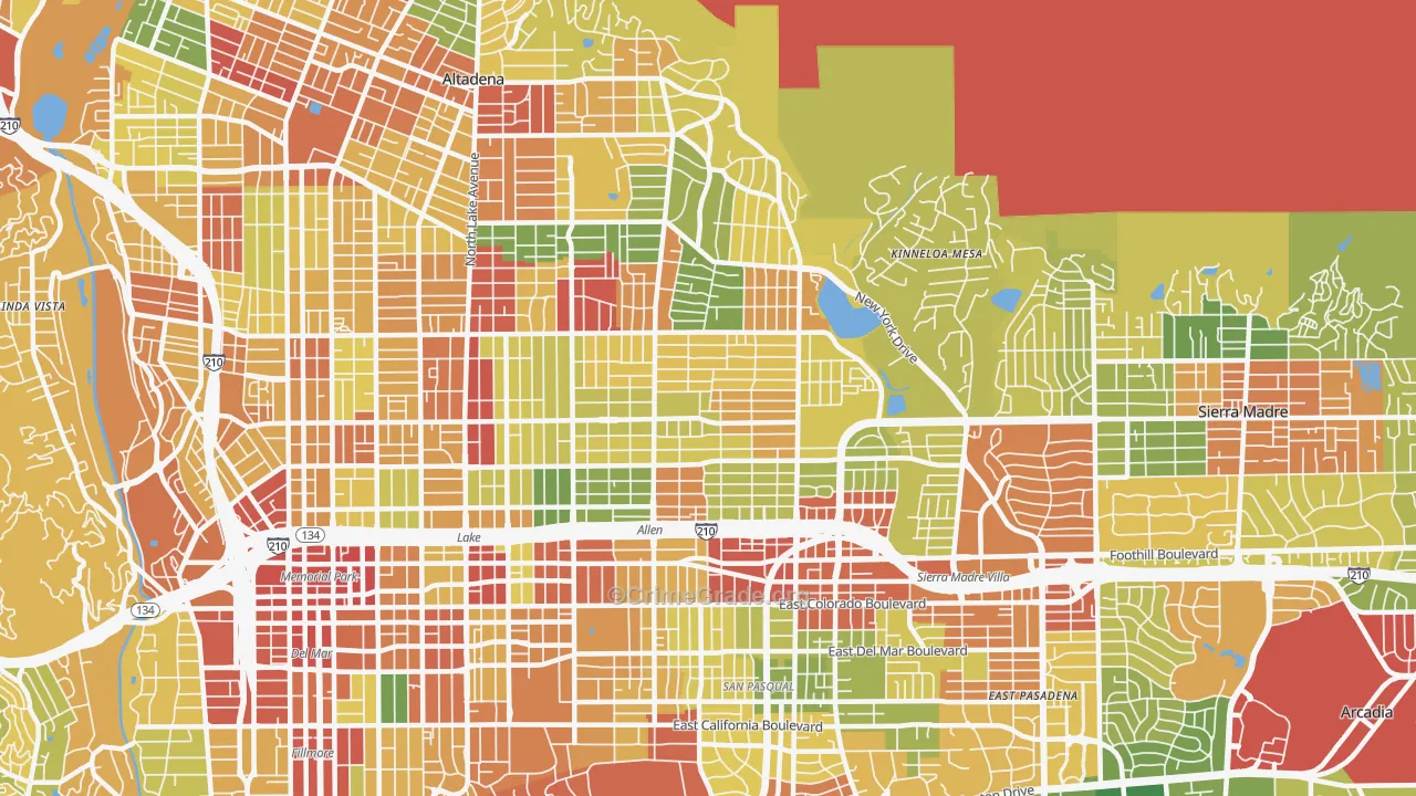 East Central, Pasadena, CA Map of Robbery Rates