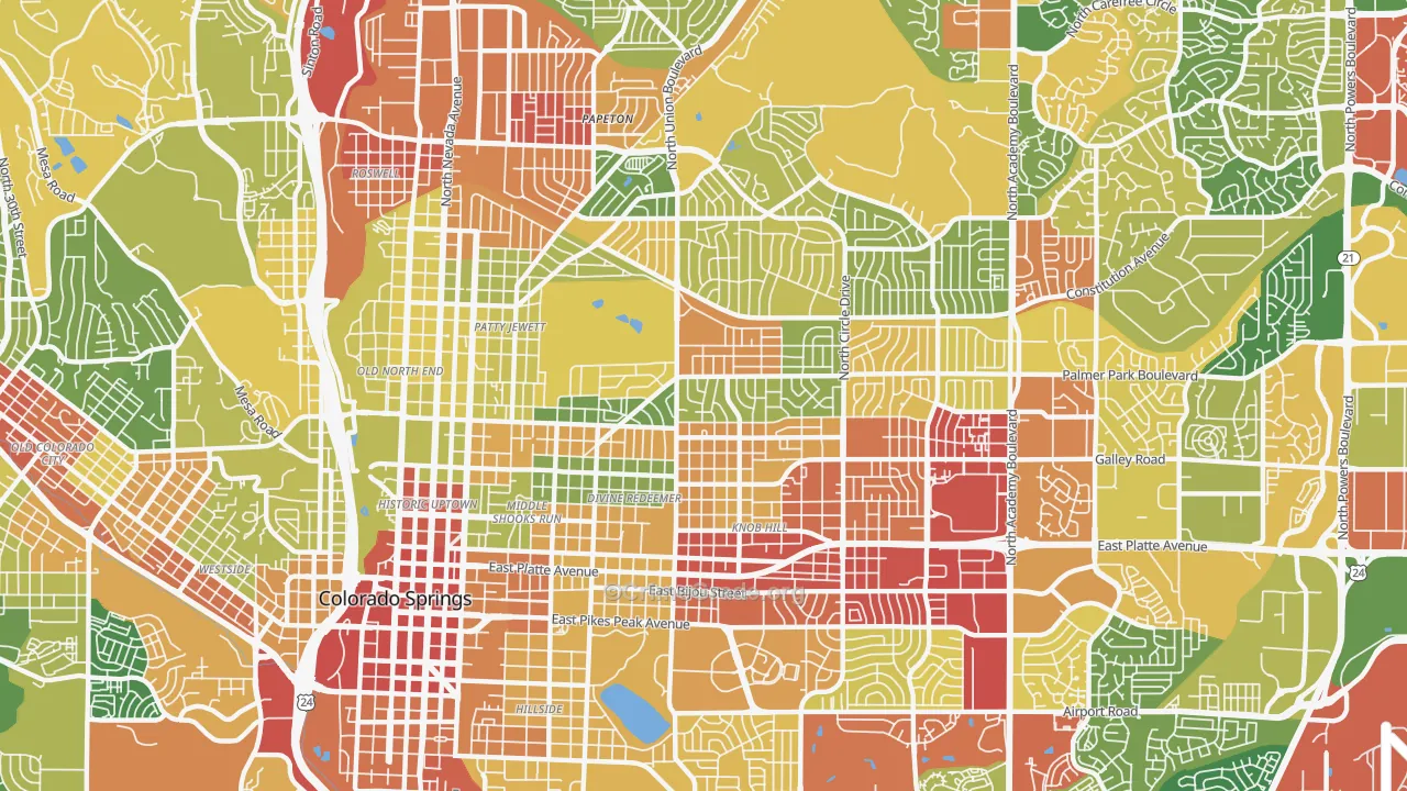 East Colorado Springs, Colorado Springs, CO Map of Robbery Rates