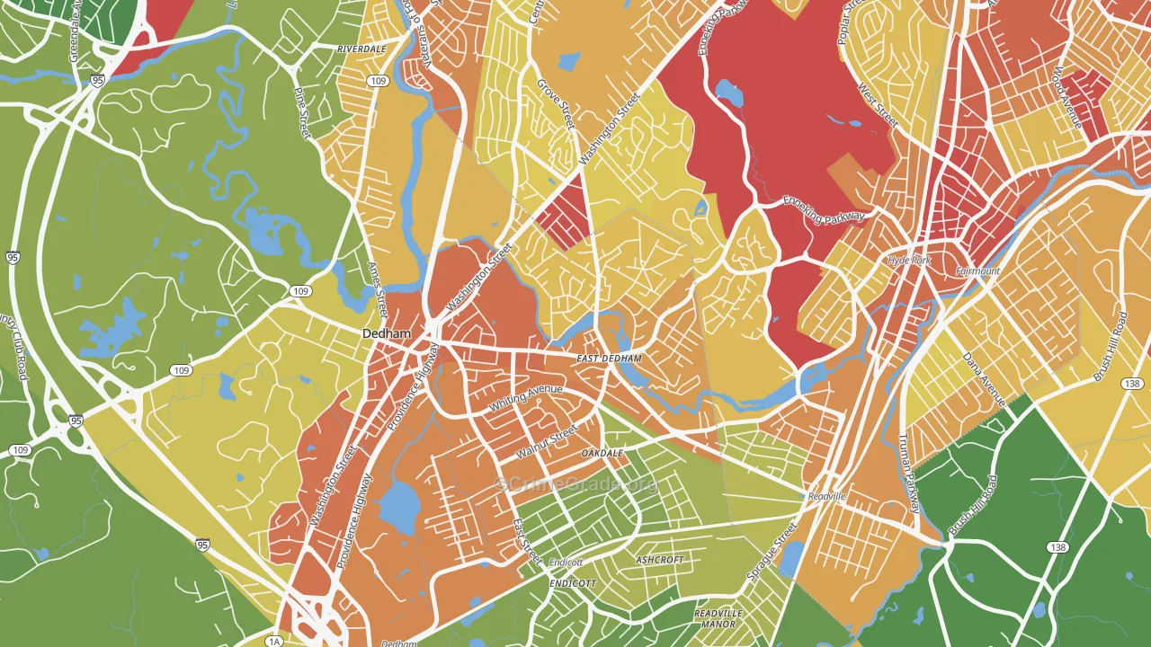 East Dedham, Dedham, MA Map of Robbery Rates