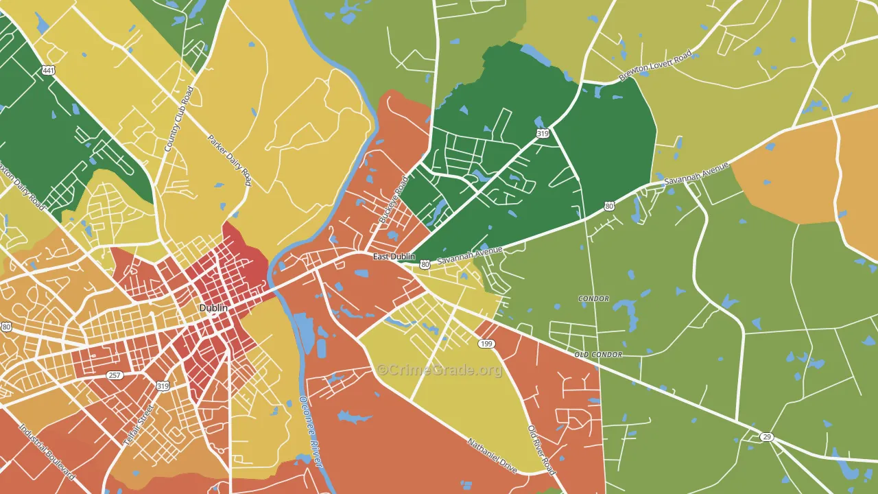 East Dublin, GA Map of Robbery Rates