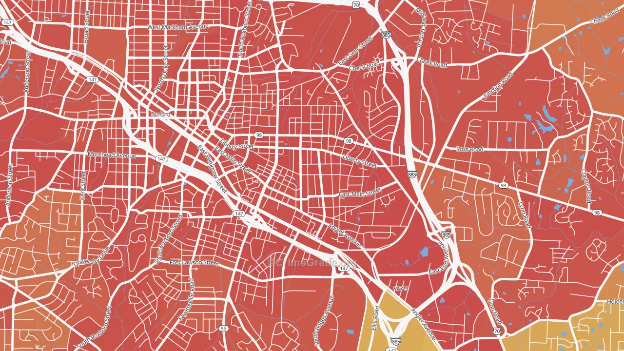 East Durham, Durham, NC Map of Robbery Rates