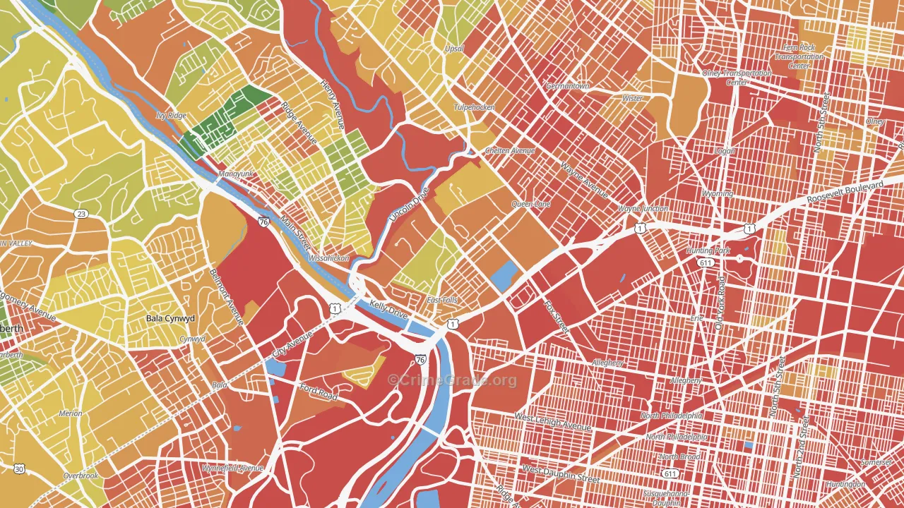 East Falls, Philadelphia, PA Map of Robbery Rates