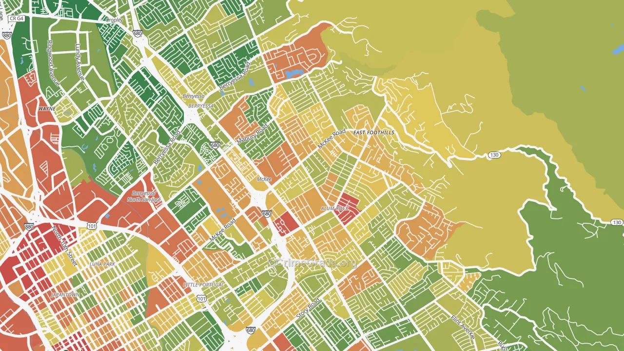East Foothills, San Jose, CA Map of Robbery Rates