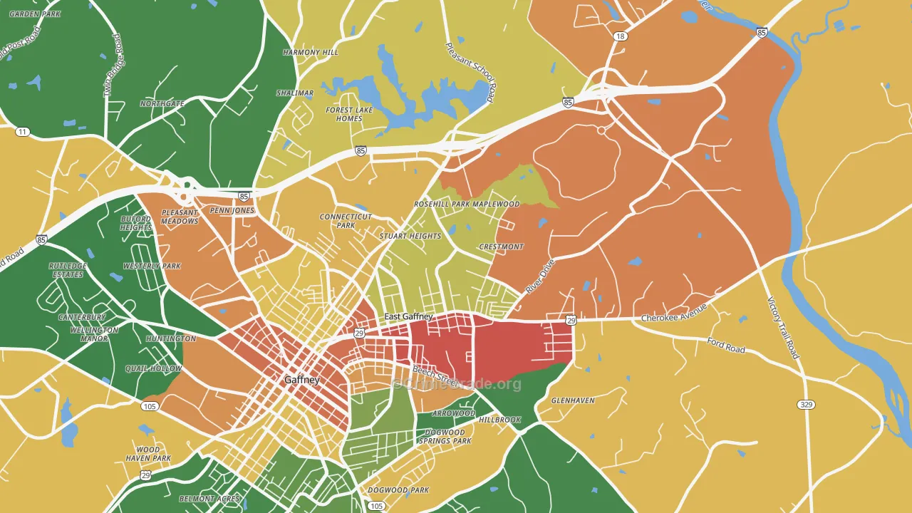 East Gaffney, SC Map of Robbery Rates
