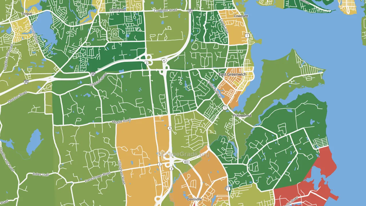 East Greenwich, RI Map of Robbery Rates