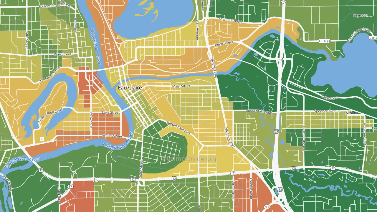 East Hill, Eau Claire, WI Map of Robbery Rates