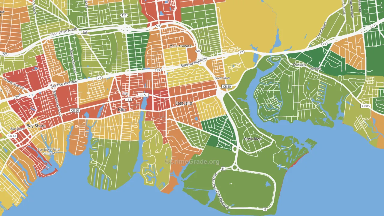 East Islip, NY Map of Robbery Rates