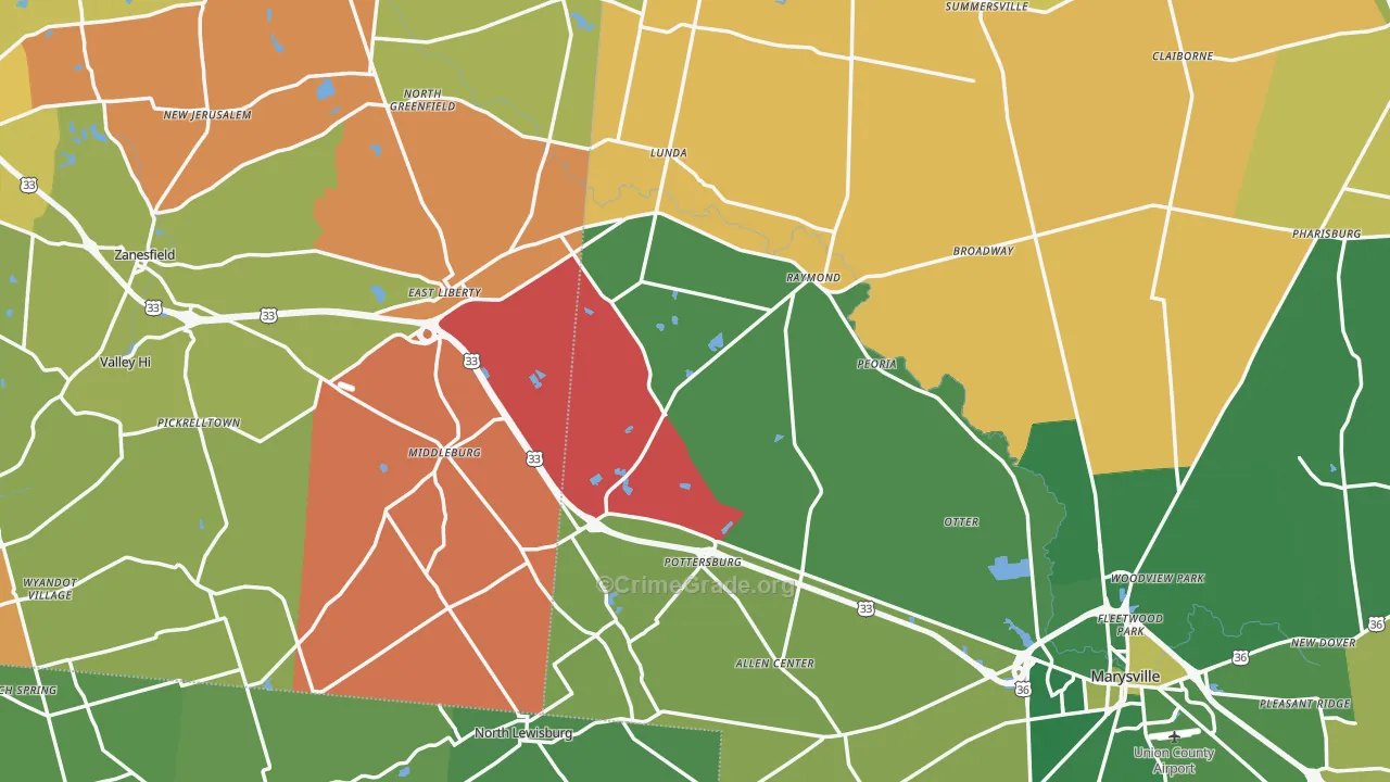 East Liberty, OH Map of Robbery Rates