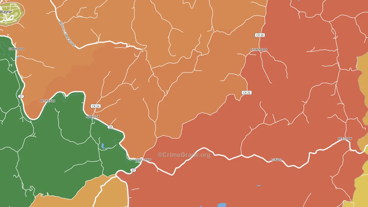 East Lynn, WV Map of Robbery Rates