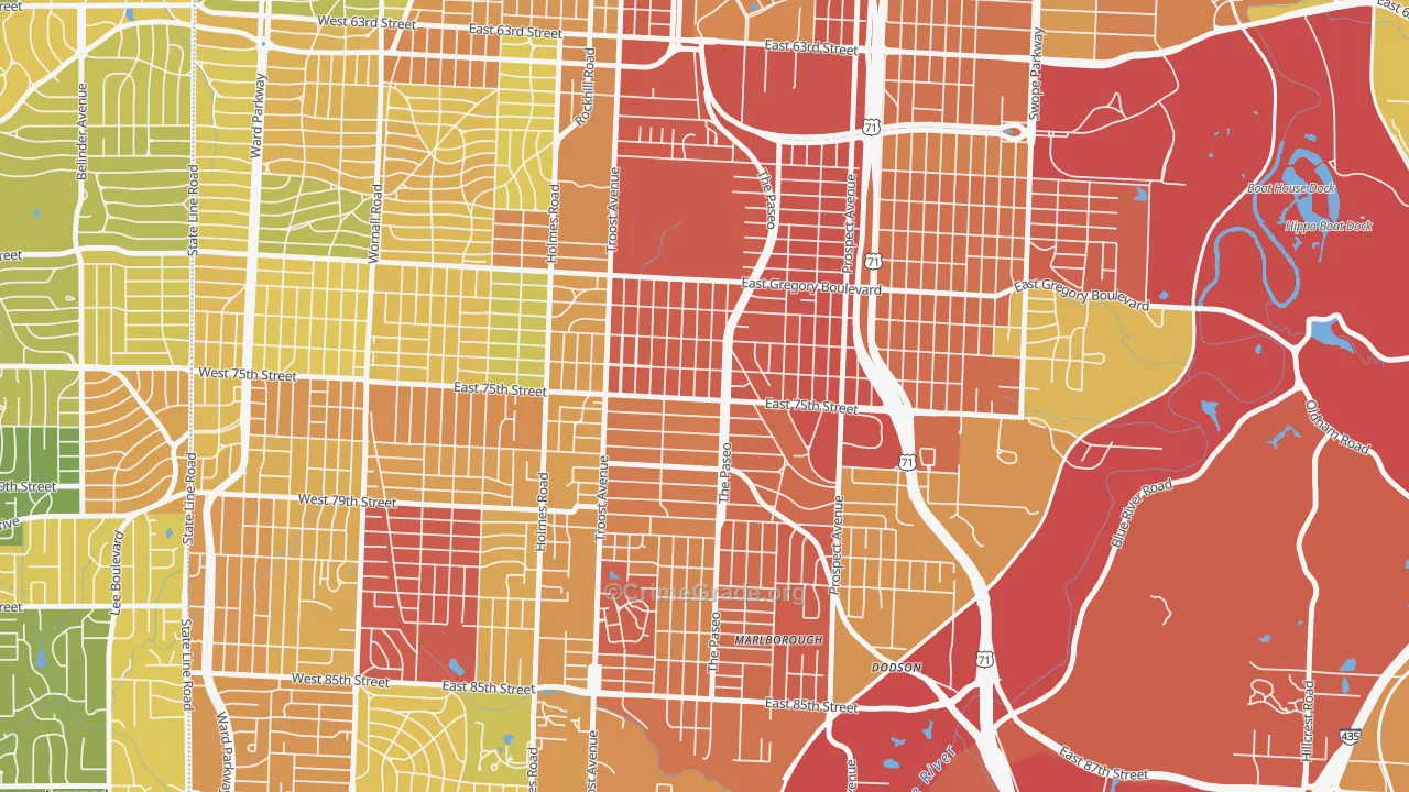 East Meyer, Kansas City, MO Map of Robbery Rates