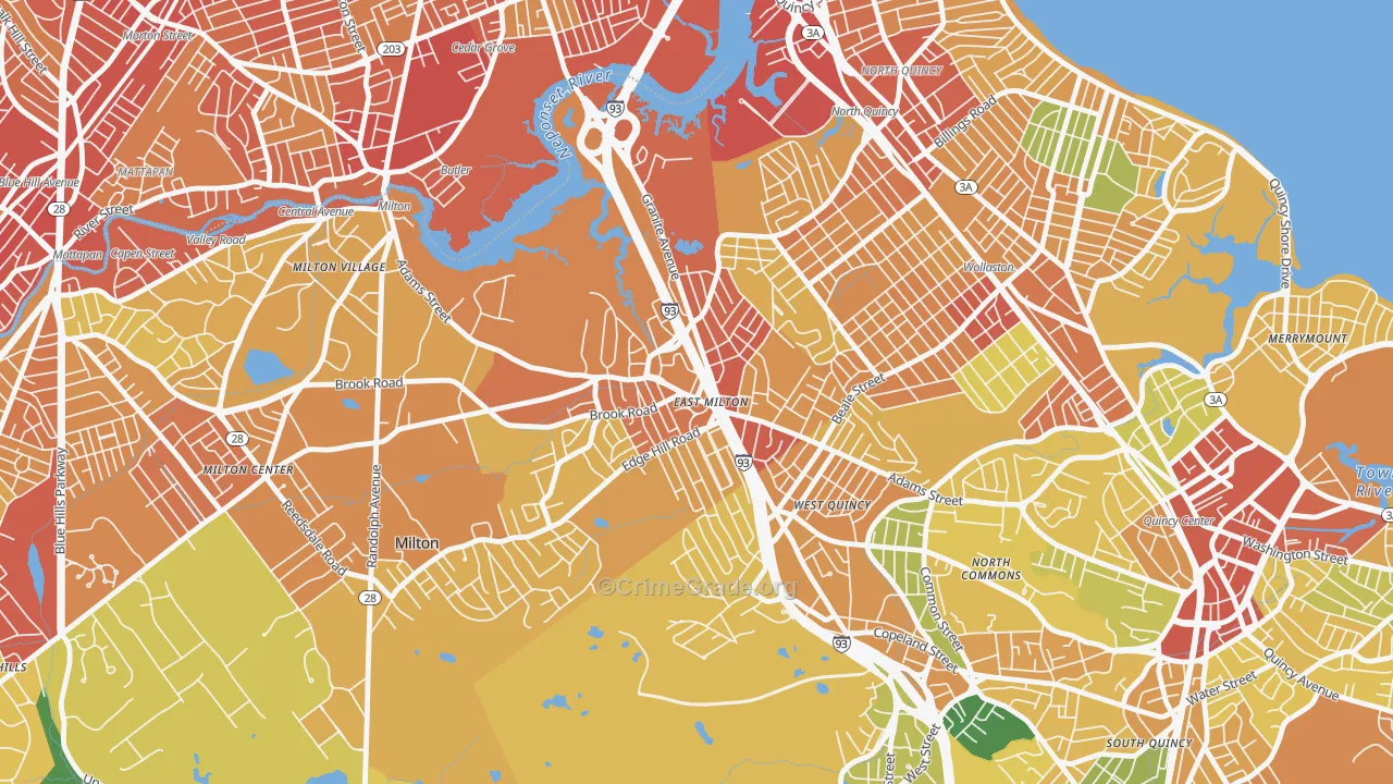 East Milton, Milton, MA Map of Robbery Rates