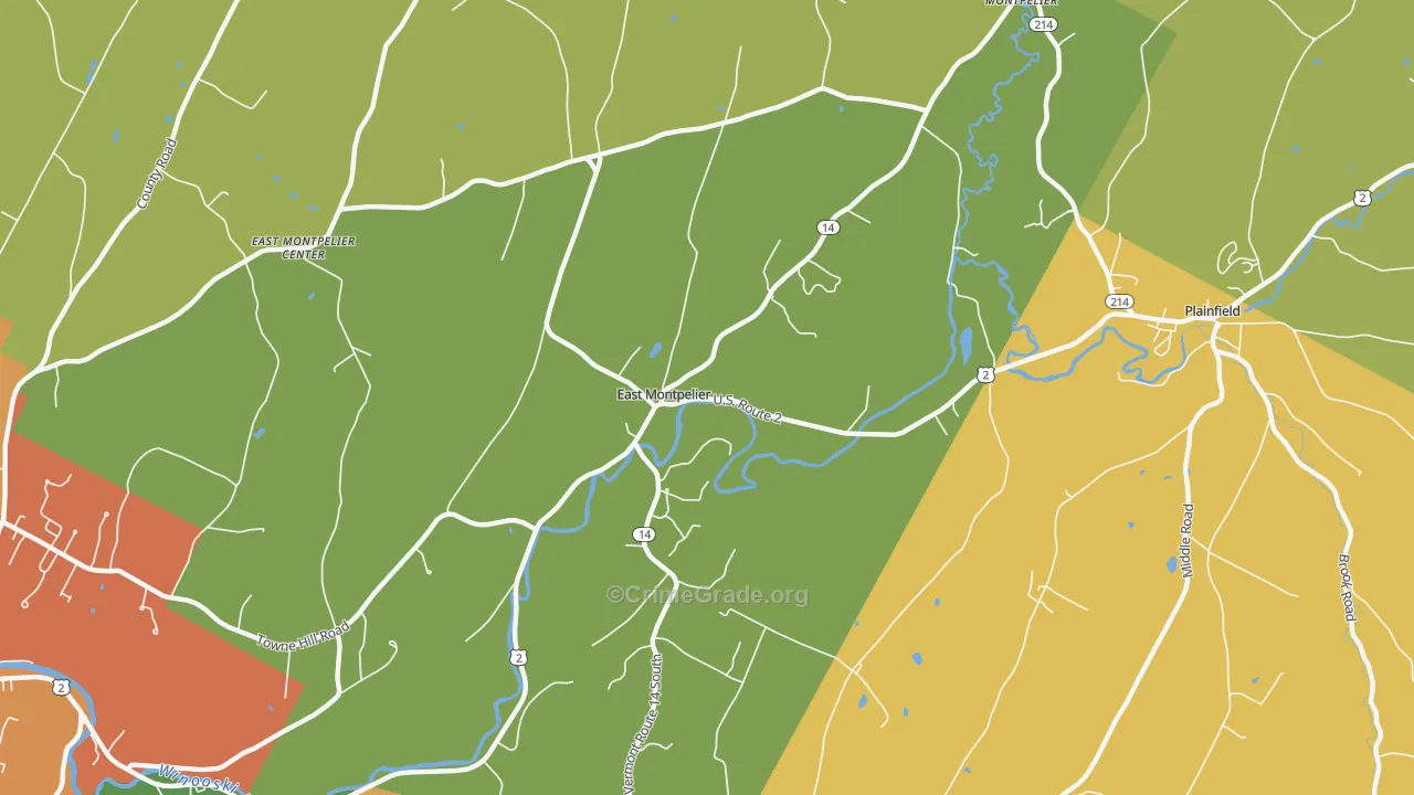 East Montpelier, VT Map of Robbery Rates