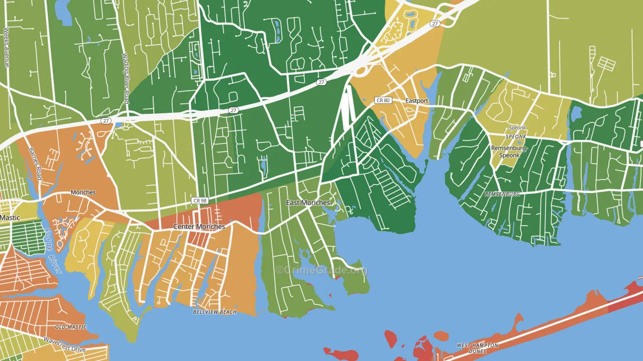 East Moriches, NY Map of Robbery Rates