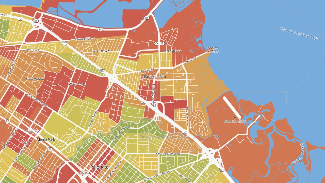 East Palo Alto, CA Map of Robbery Rates