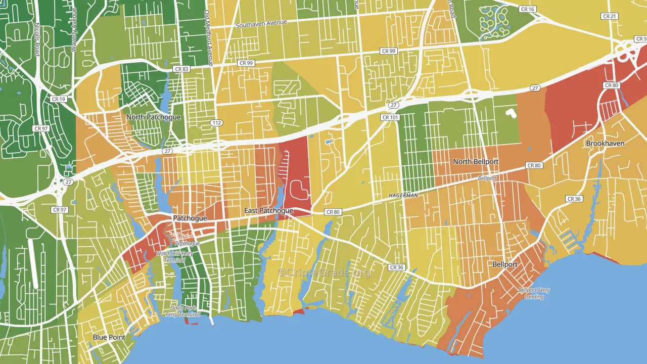East Patchogue, NY Map of Robbery Rates