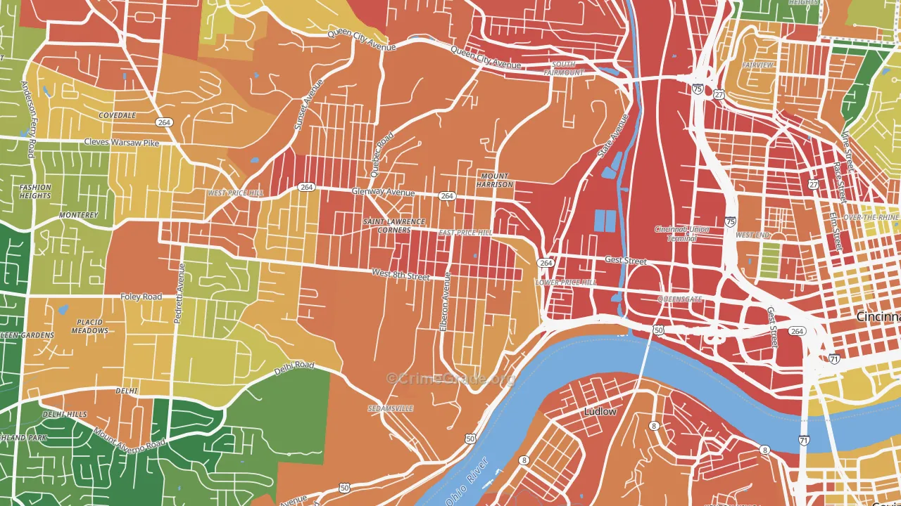 East Price Hill, Cincinnati, OH Map of Robbery Rates